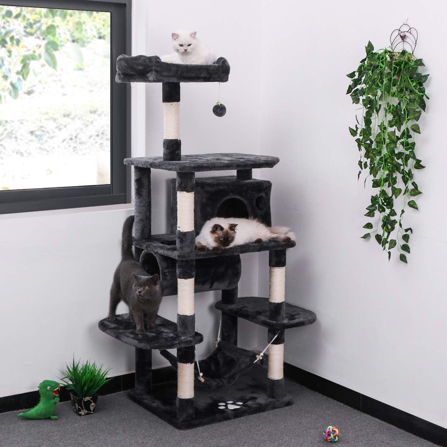 Cat Tree Condo Furniture Kitten Activity Tower Pet Kitty Play House Playground with Sisal Scratching Posts Perch Hammock Tunnel Grey MMJ02H