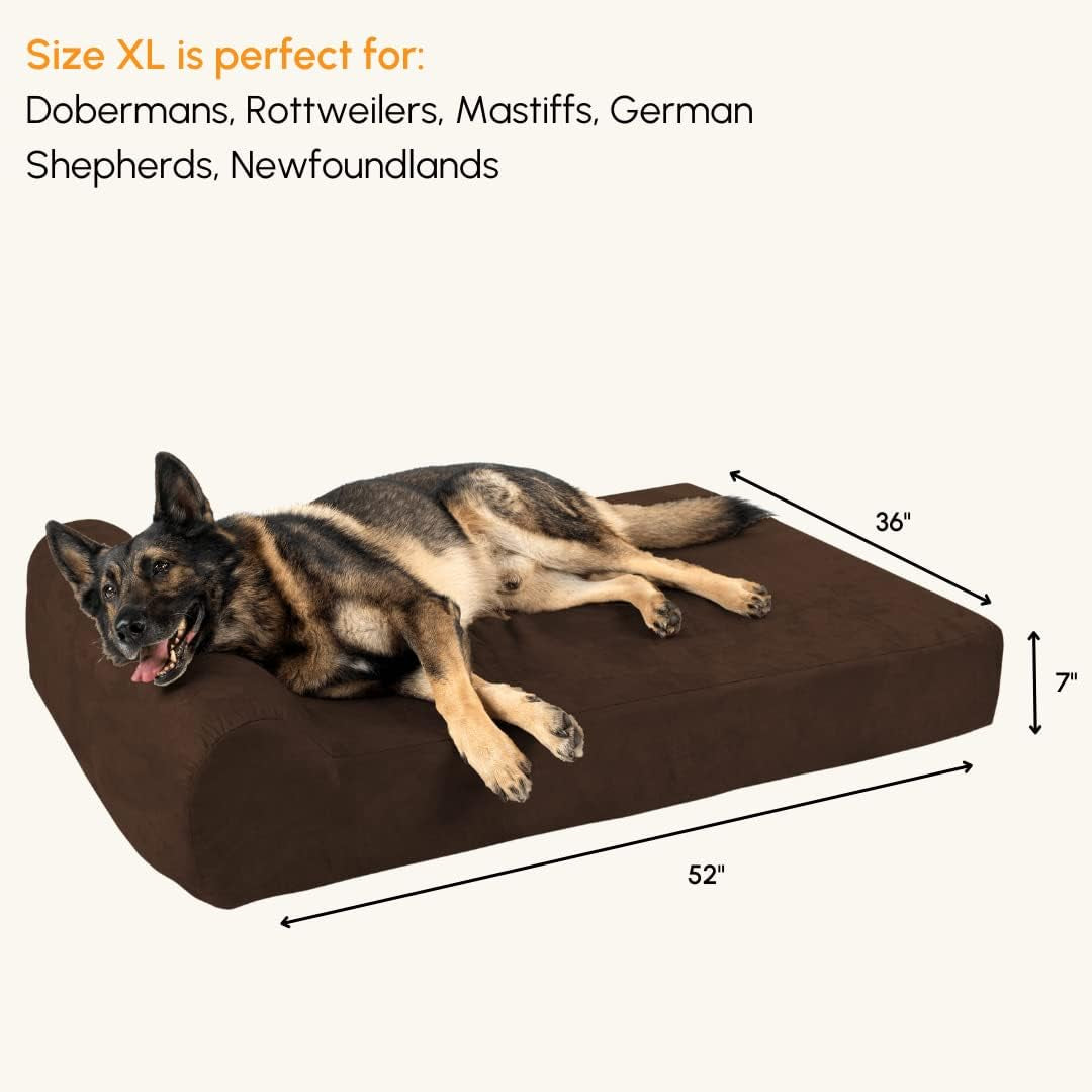 Orthopedic Dog Bed W/Headrest - 7” Dog Bed for Large Dogs W/Washable & Chew-Resistant Microsuede Cover - Elevated Dog Bed Made in the USA W/ 10-Year Warranty (Headrest, XL, Chocolate)