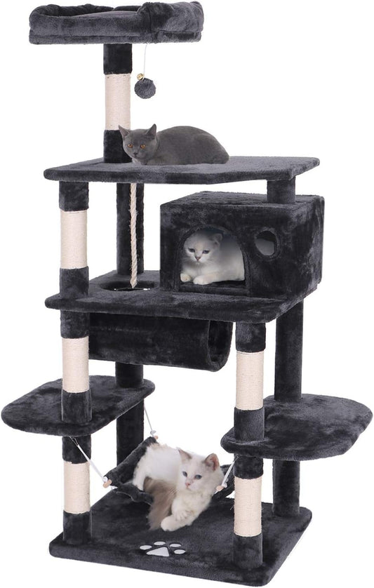 Cat Tree Condo Furniture Kitten Activity Tower Pet Kitty Play House Playground with Sisal Scratching Posts Perch Hammock Tunnel Grey MMJ02H