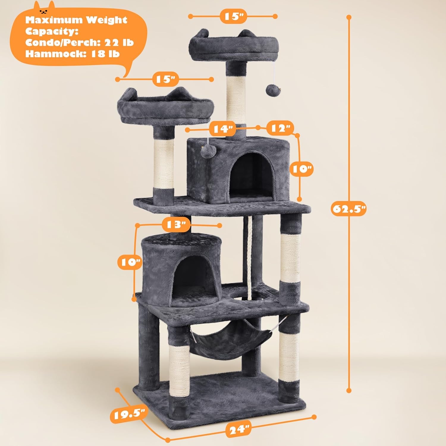 62.2Inches Cat Condo with Platform and Hammock