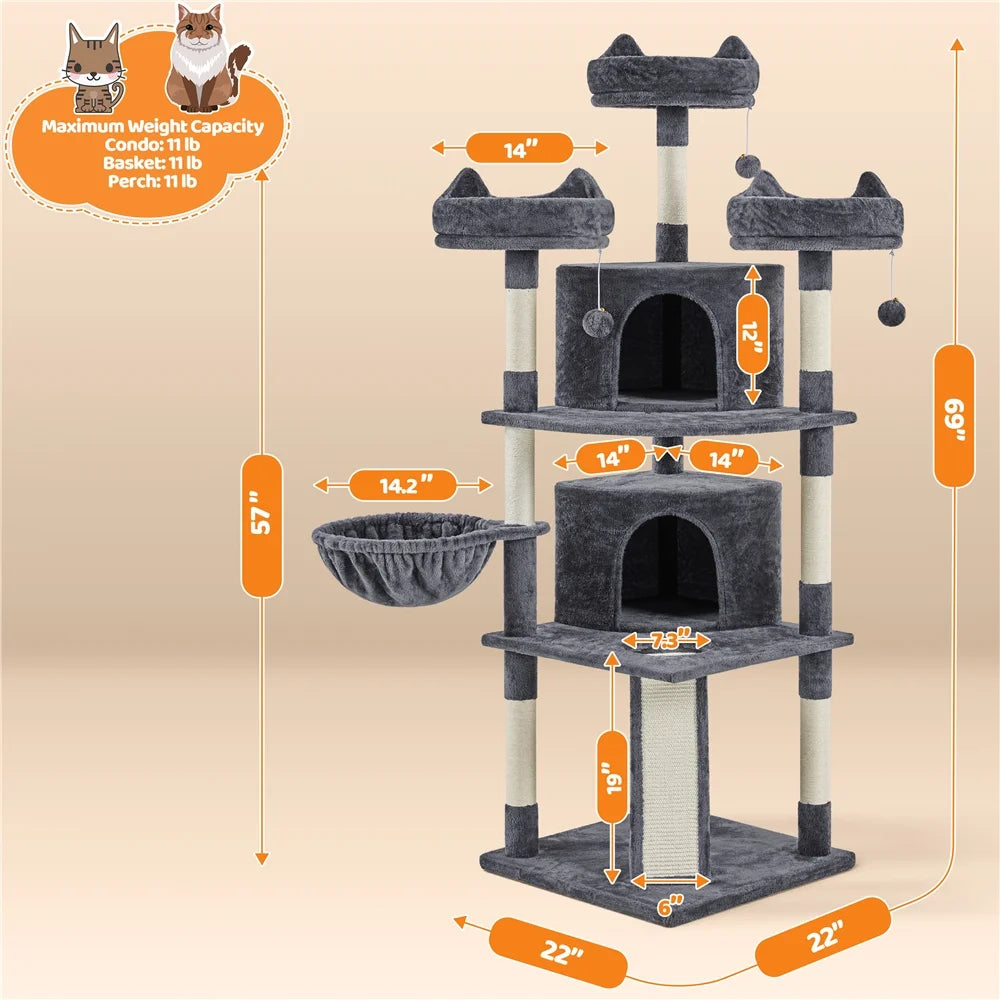 Large Cat Tree Plush Tower with Caves Condos Platforms Scratching Board, Dark Gray