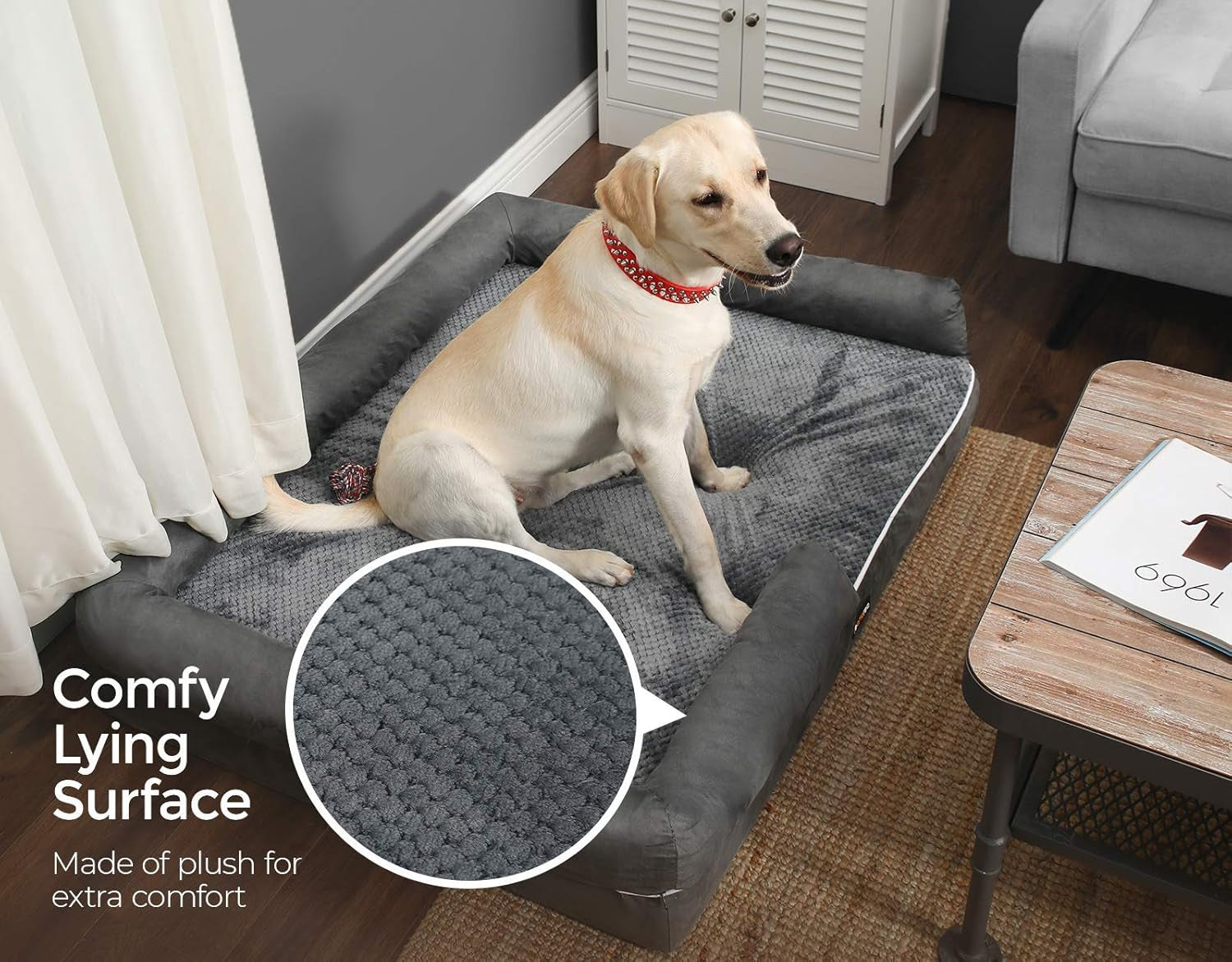 Dog Bed, Orthopedic Dog Sofa, Memory Foam Dog Mat, Removable Cover, Waterproof, Machine Washable, Anti-Slip, Raised Edges, 44 X 34 X 7.9 Inches, Dark Gray UPGW068G01