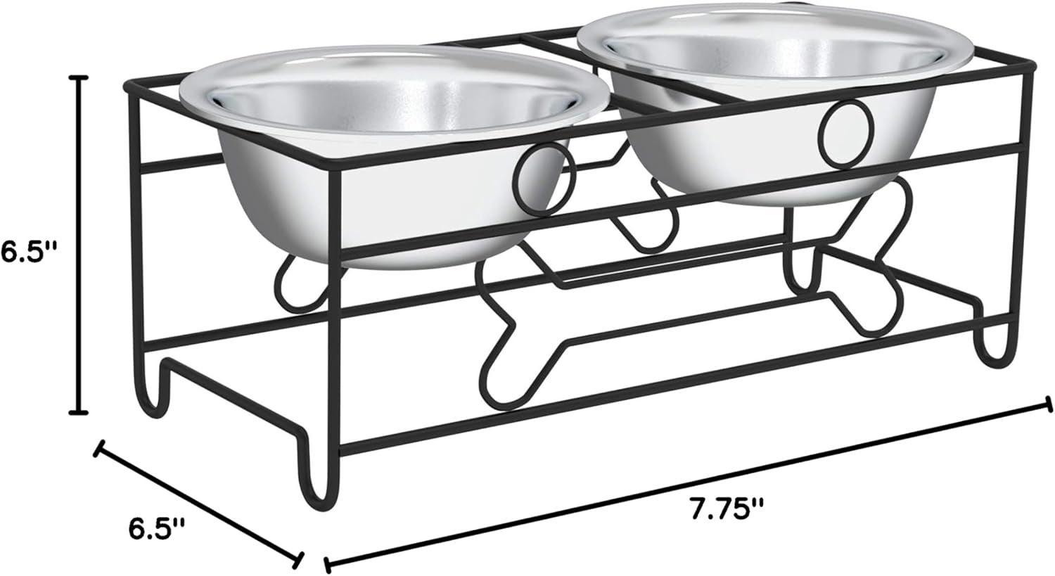 Elevated Dog and Cat Bowls - 6.5-Inch-Tall Raised Stand with 2 Stainless-Steel Food and Water Bowls - (Black)