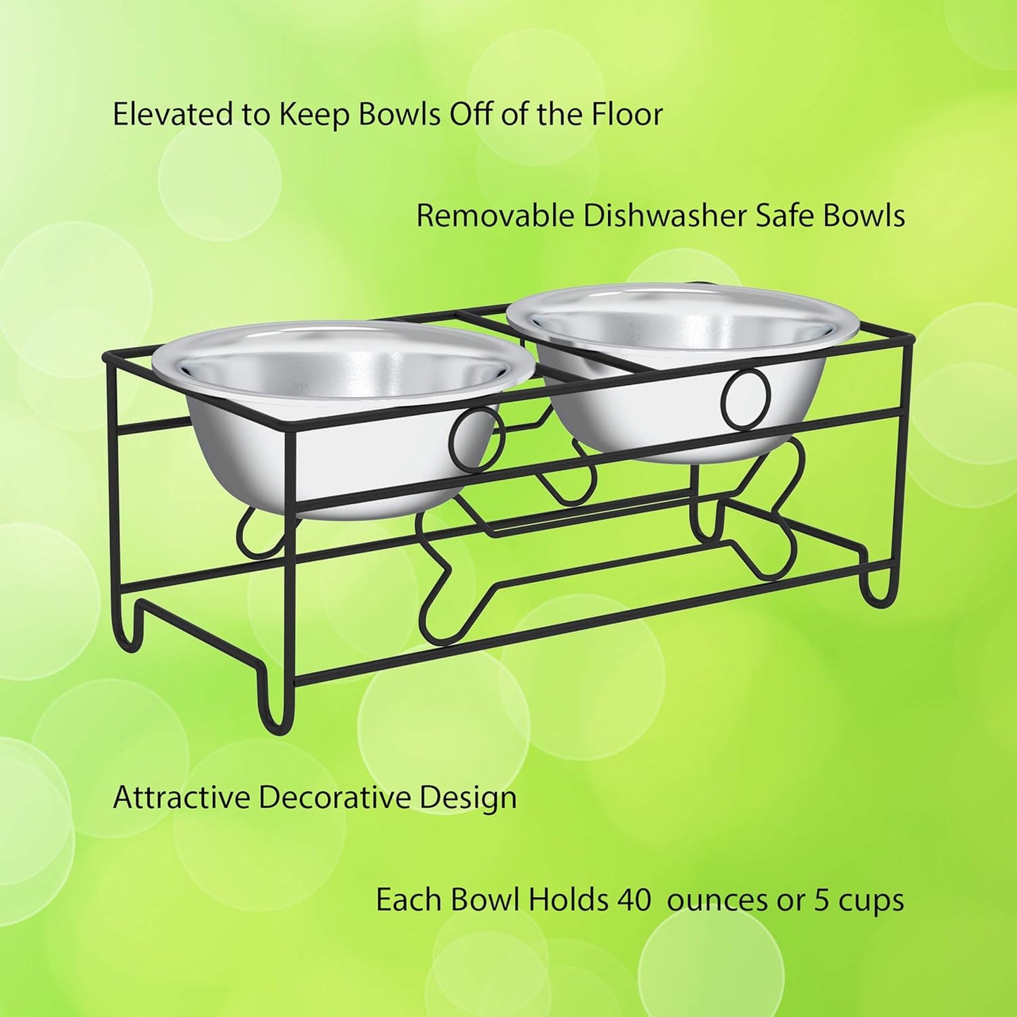 Elevated Dog and Cat Bowls - 6.5-Inch-Tall Raised Stand with 2 Stainless-Steel Food and Water Bowls - (Black)