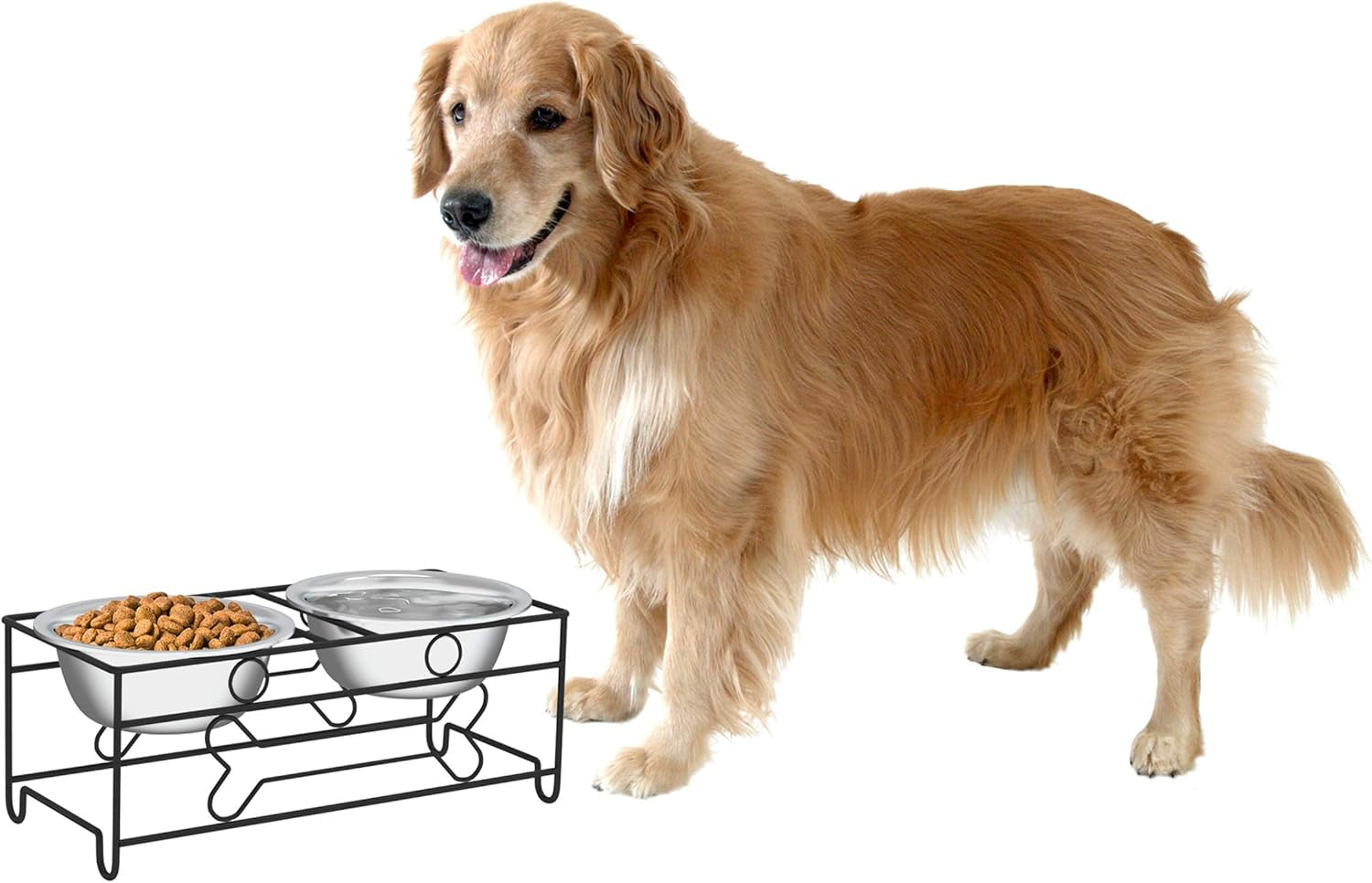 Elevated Dog and Cat Bowls - 6.5-Inch-Tall Raised Stand with 2 Stainless-Steel Food and Water Bowls - (Black)