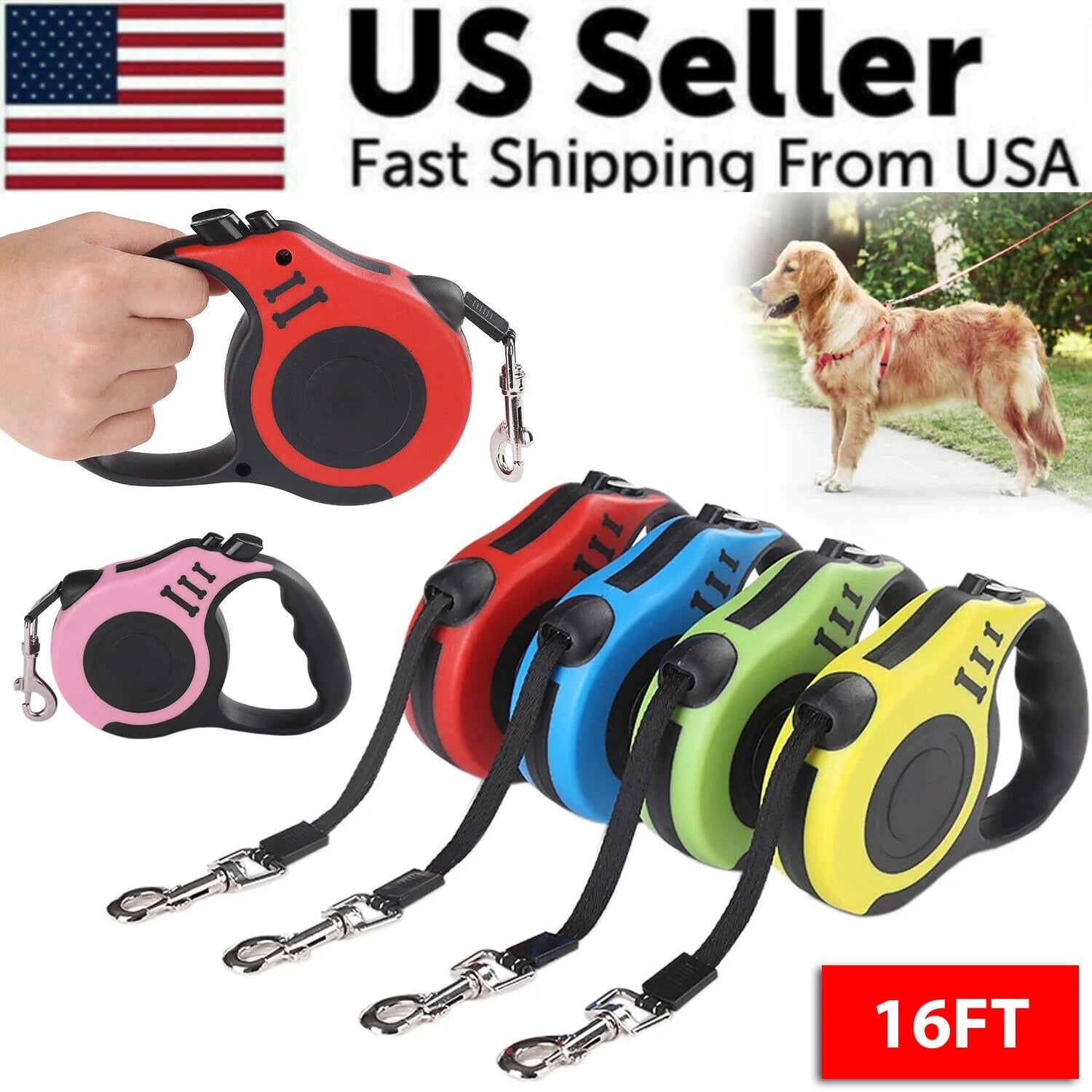 16.5FT Retractable Dog Leash Pet Collar Automatic Walking 