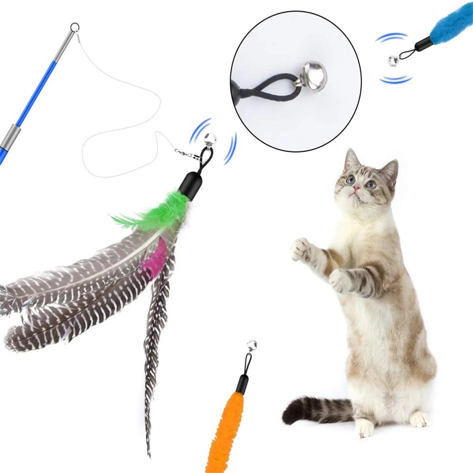 Cat Feather Toys, 2PCS Retractable Cat Wand Toy and 13PCS Replacement Teaser with Bell Refills, Interactive Cat Wand for Kitten Cat Having Fun Playing