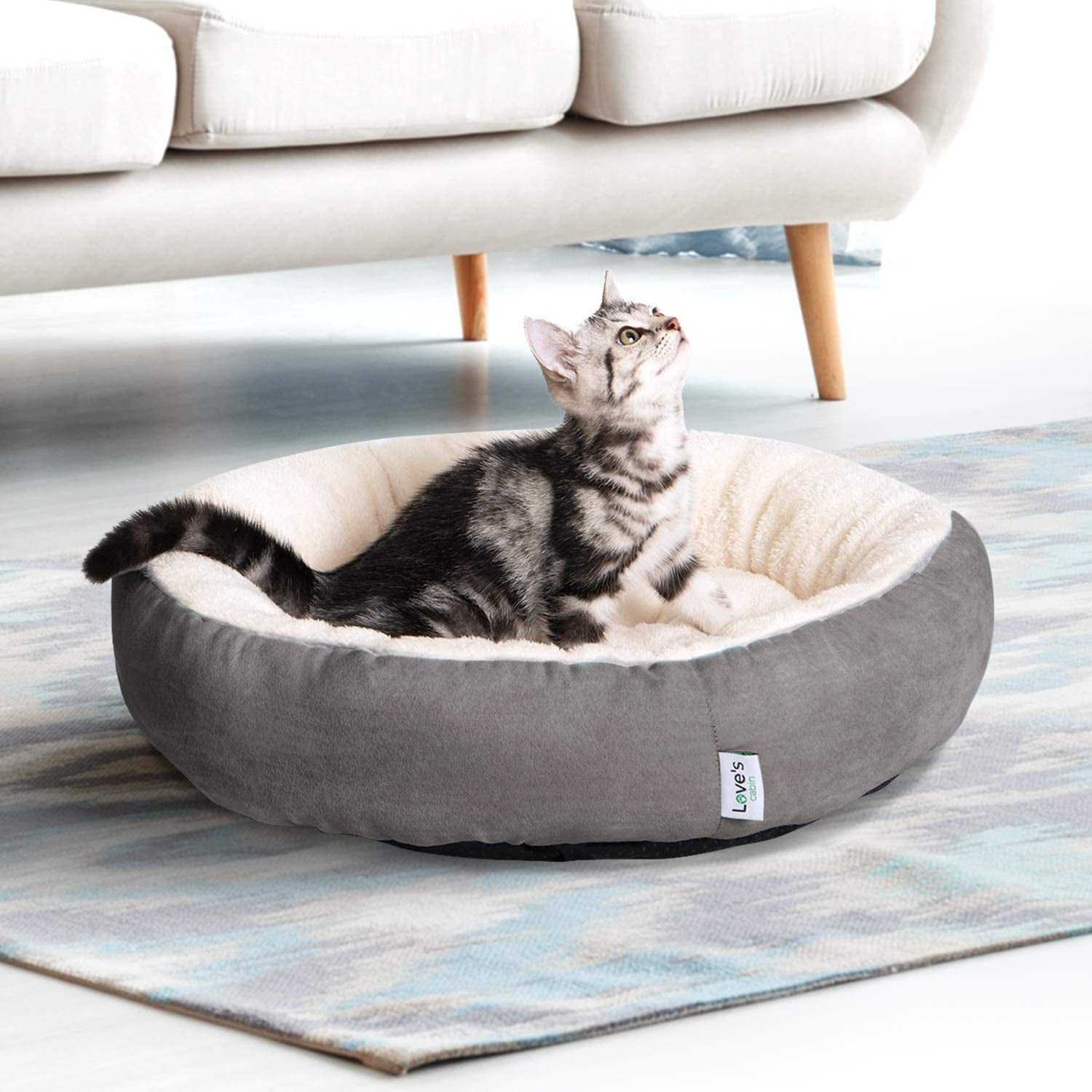 Round Cat and Dog Bed, 20In for Cats or Small Dogs, Washable, Gray