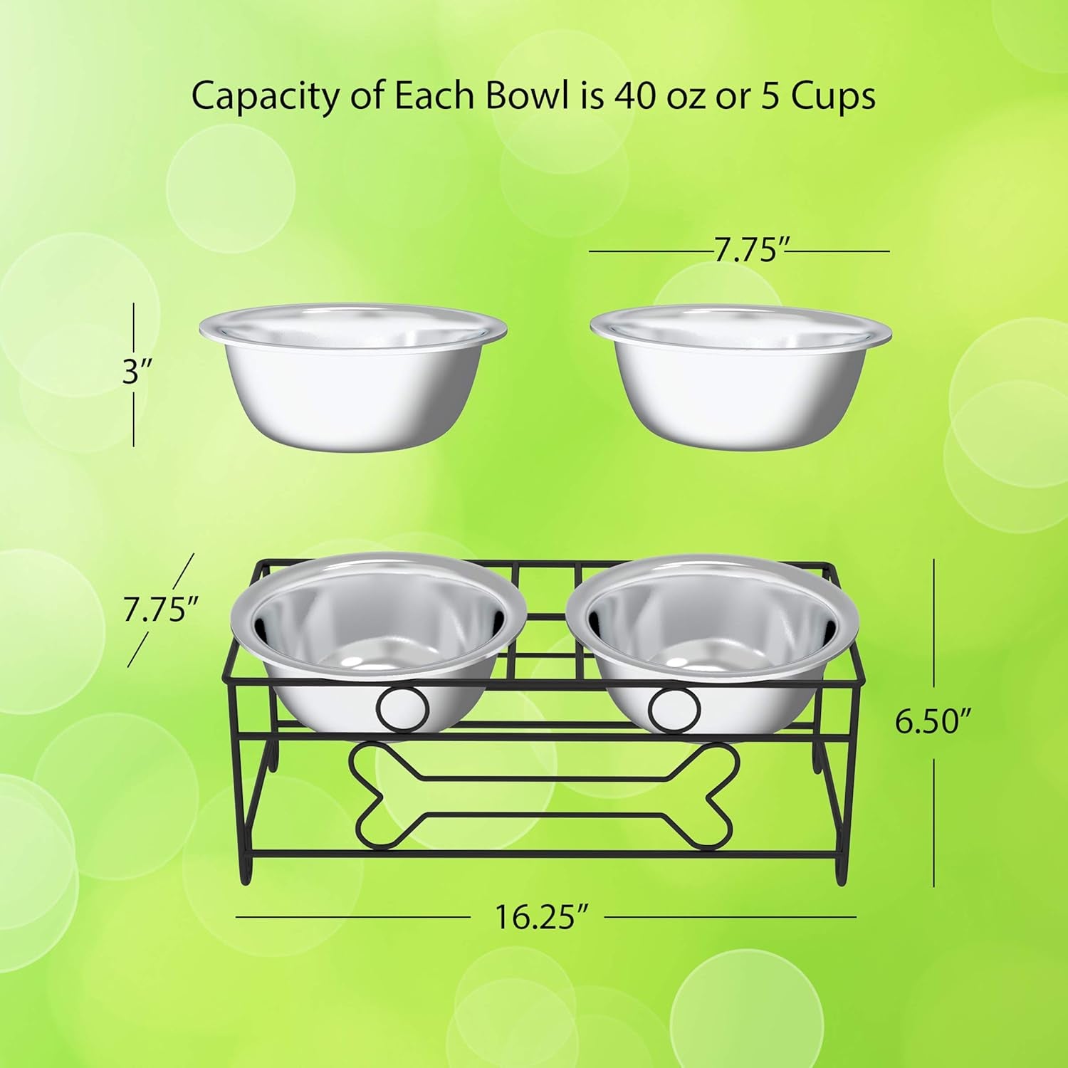 Elevated Dog and Cat Bowls - 6.5-Inch-Tall Raised Stand with 2 Stainless-Steel Food and Water Bowls - (Black)