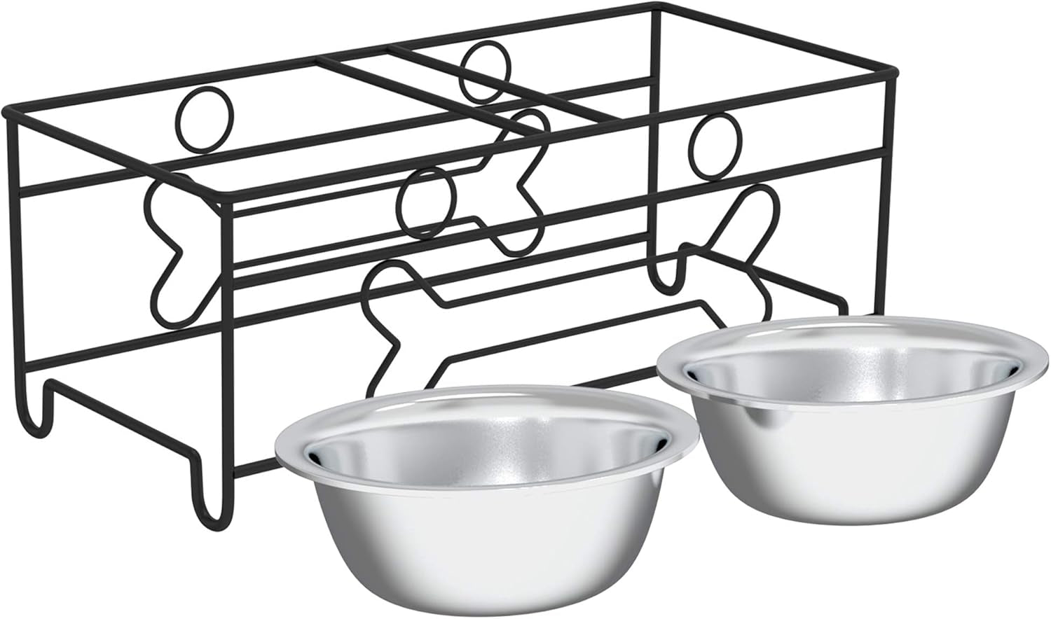 Elevated Dog and Cat Bowls - 6.5-Inch-Tall Raised Stand with 2 Stainless-Steel Food and Water Bowls - (Black)