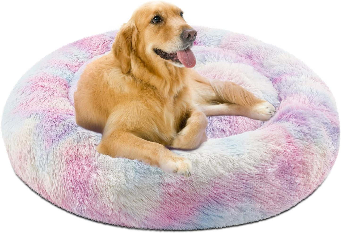 Donut Dog Bed Faux Fur Fluffy Calming Sofa for Large Dogs, Soft & Plush anti Anxiety Pet Couch for Dogs, Machine Washable Coco Pet Bed with Non-Slip Bottom, 36"X36"X8" Rainbow