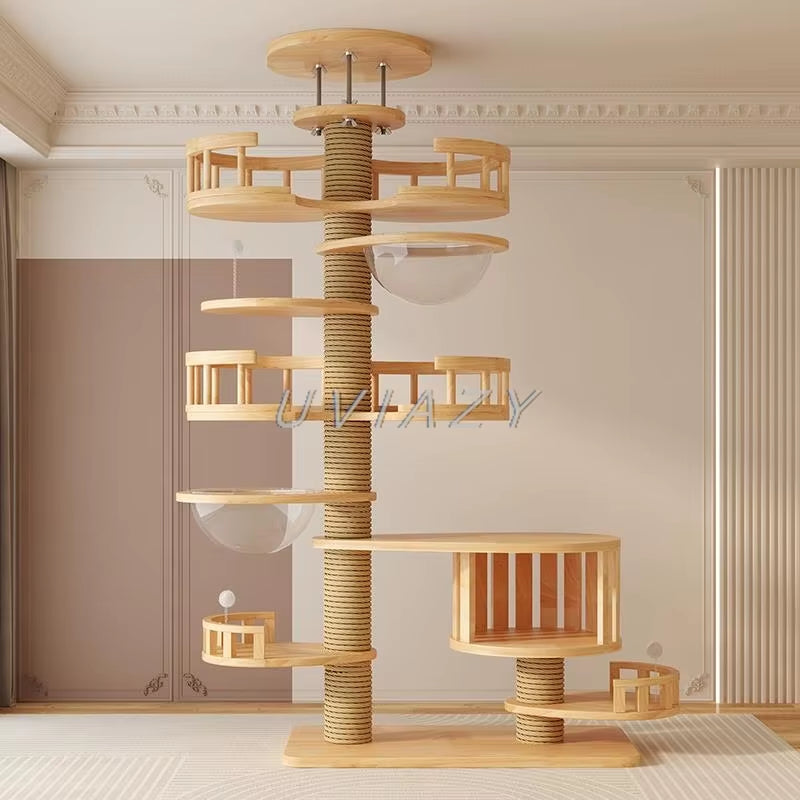 Multi-Level Floor-To-Ceiling Cat Tree Wood Climbing Frame Tree Scratching Sisal Pillar Jumping Platform Tower Height 250-270Cm