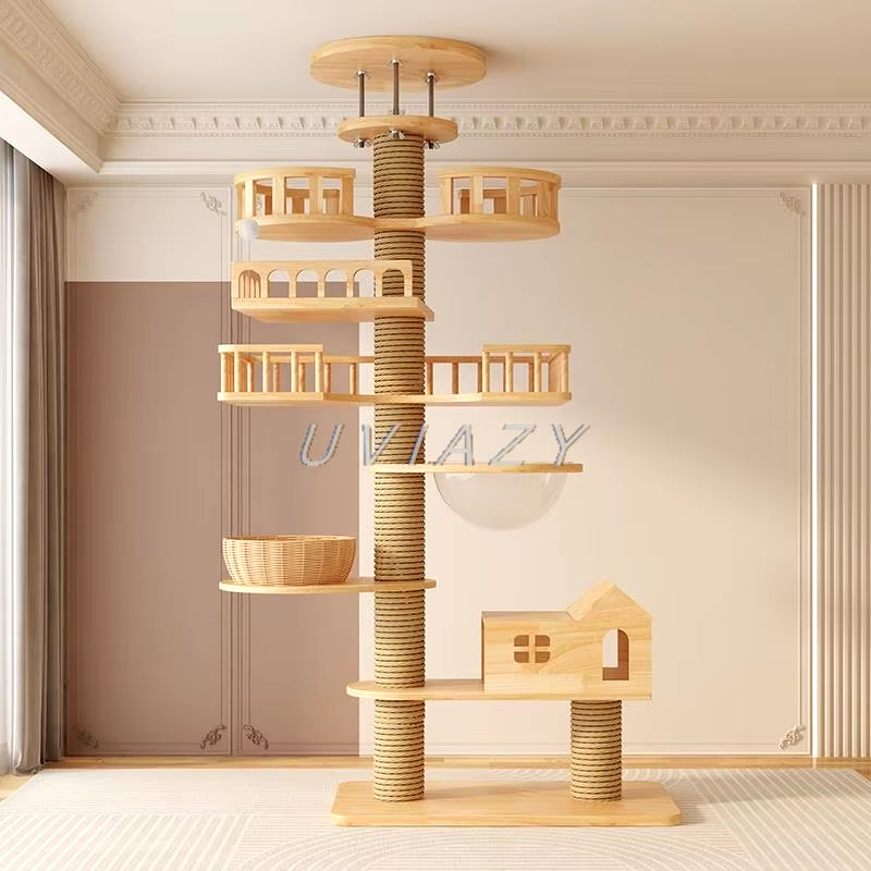 Multi-Level Floor-To-Ceiling Cat Tree Wood Climbing Frame Tree Scratching Sisal Pillar Jumping Platform Tower Height 250-270Cm